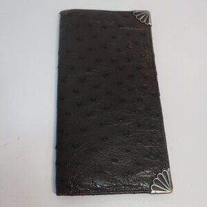 Womens Vintage Lederer Brown Ostrich Leather Bifold Checkbook Wallet
